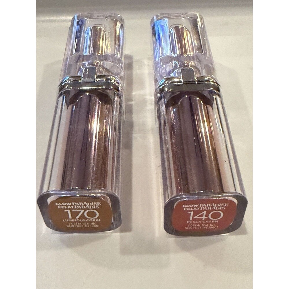 Pack Of 2 New Loreal Glow Paradise Lipstick 140 PEACH CHARM & 170 LUMINOUS CORAL